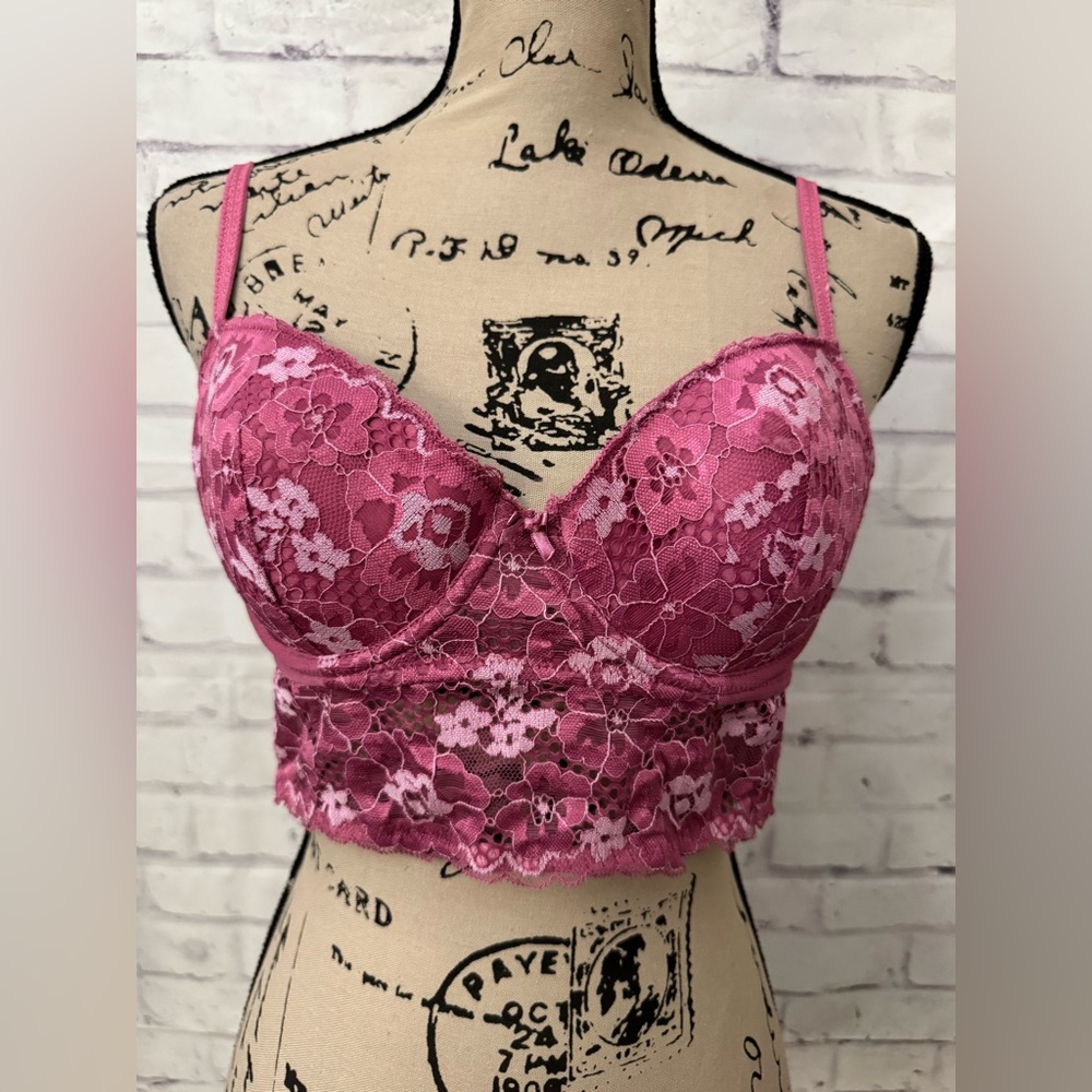 Adored By Adore Me Bra Size 36B Pink Lace Longline‎ Underwire Sexy Lingerie